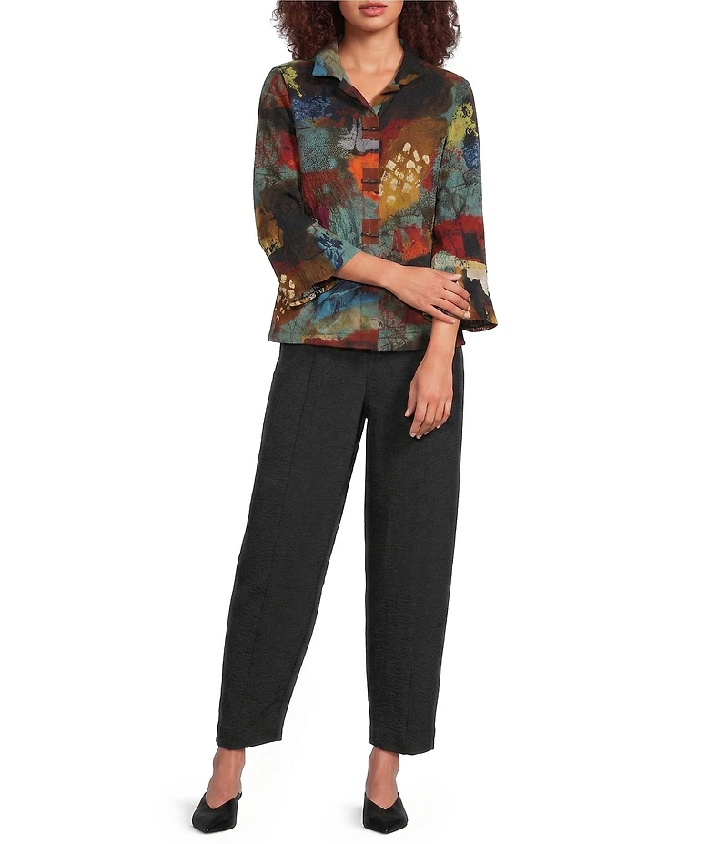 Ali Miles Textured Woven Abstract Multi Print Wire Collar 3/4 Sleeve Button Front Top