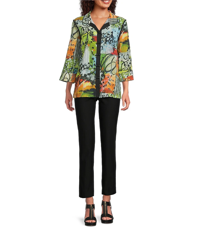 Ali Miles Textured Woven Abstract Multi Print Wire Collar 3/4 Sleeve Button-Front Tunic