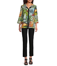 Ali Miles Textured Woven Abstract Multi Print Wire Collar 3/4 Sleeve Button-Front Tunic