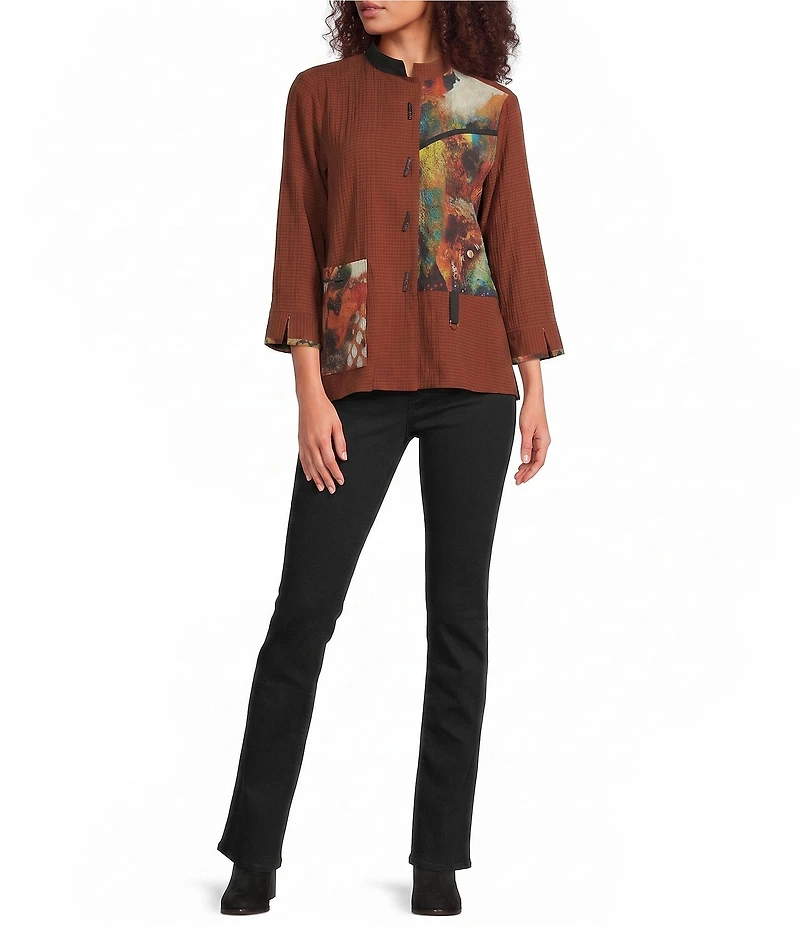 Ali Miles Textured Woven Abstract Patch Print 3/4 Sleeve Button Front Tunic
