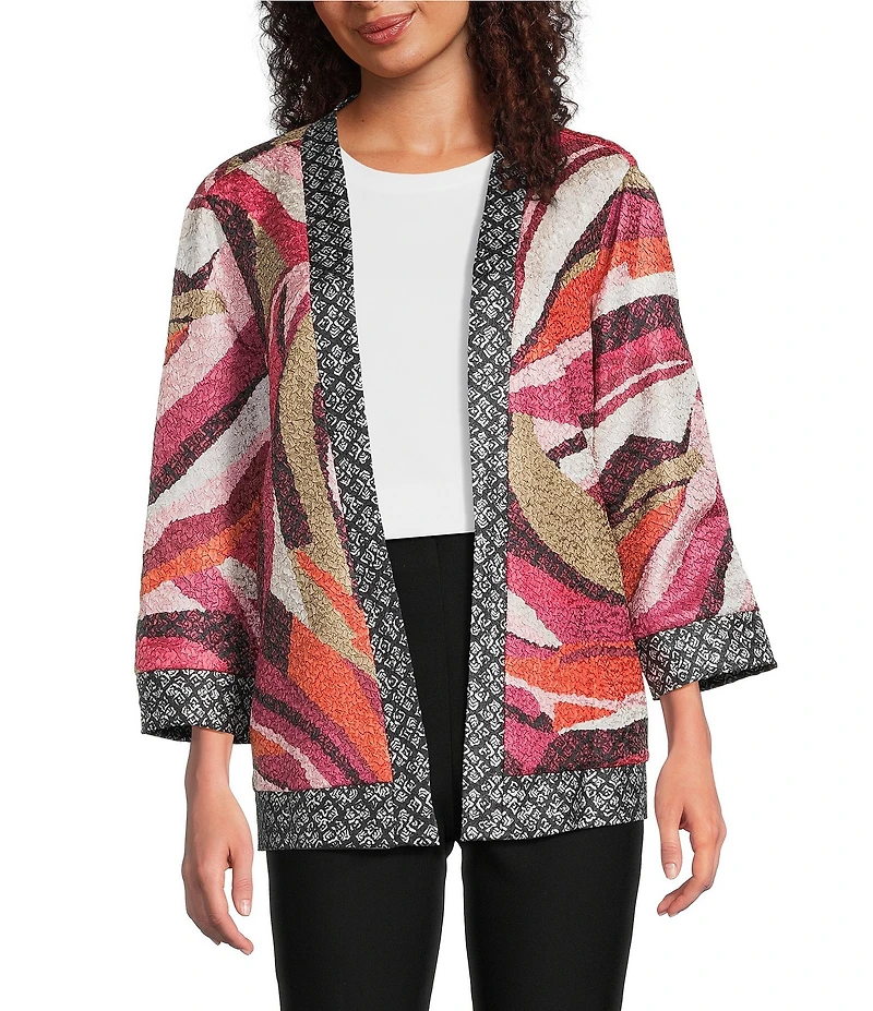 Ali Miles Textured Woven Abstract Print 3/4 Sleeve Reversible Jacket