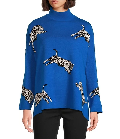 Ali Miles Tiger Jacquard Print Mock Neck Long Sleeve Popover Sweater