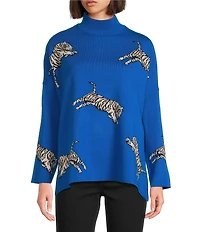 Ali Miles Tiger Jacquard Print Mock Neck Long Sleeve Popover Sweater