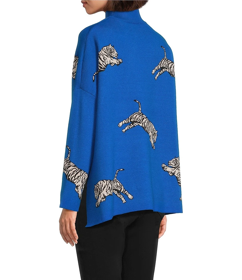 Ali Miles Tiger Jacquard Print Mock Neck Long Sleeve Popover Sweater