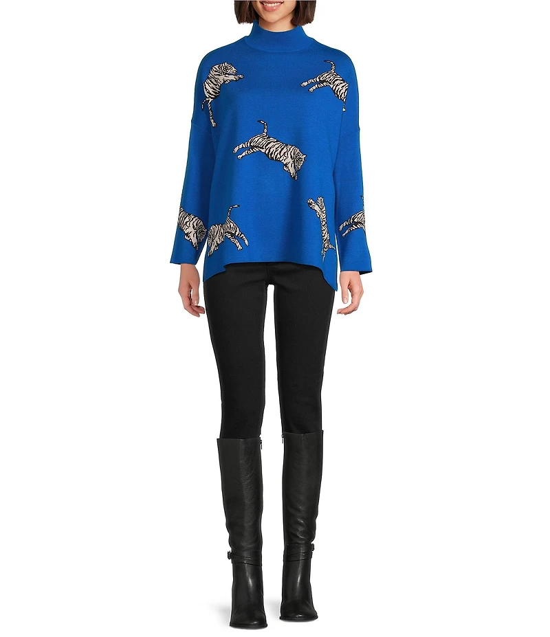 Ali Miles Tiger Jacquard Print Mock Neck Long Sleeve Popover Sweater