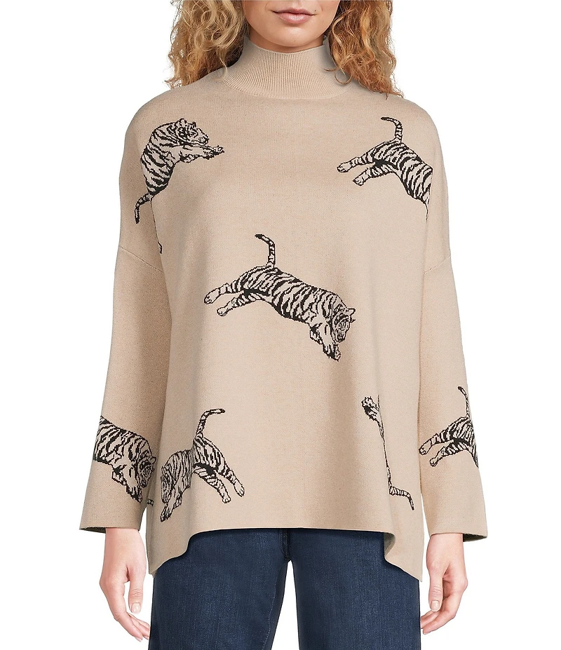 Ali Miles Tiger Jacquard Print Mock Neck Long Sleeve Popover Sweater