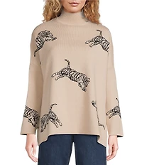 Ali Miles Tiger Jacquard Print Mock Neck Long Sleeve Popover Sweater