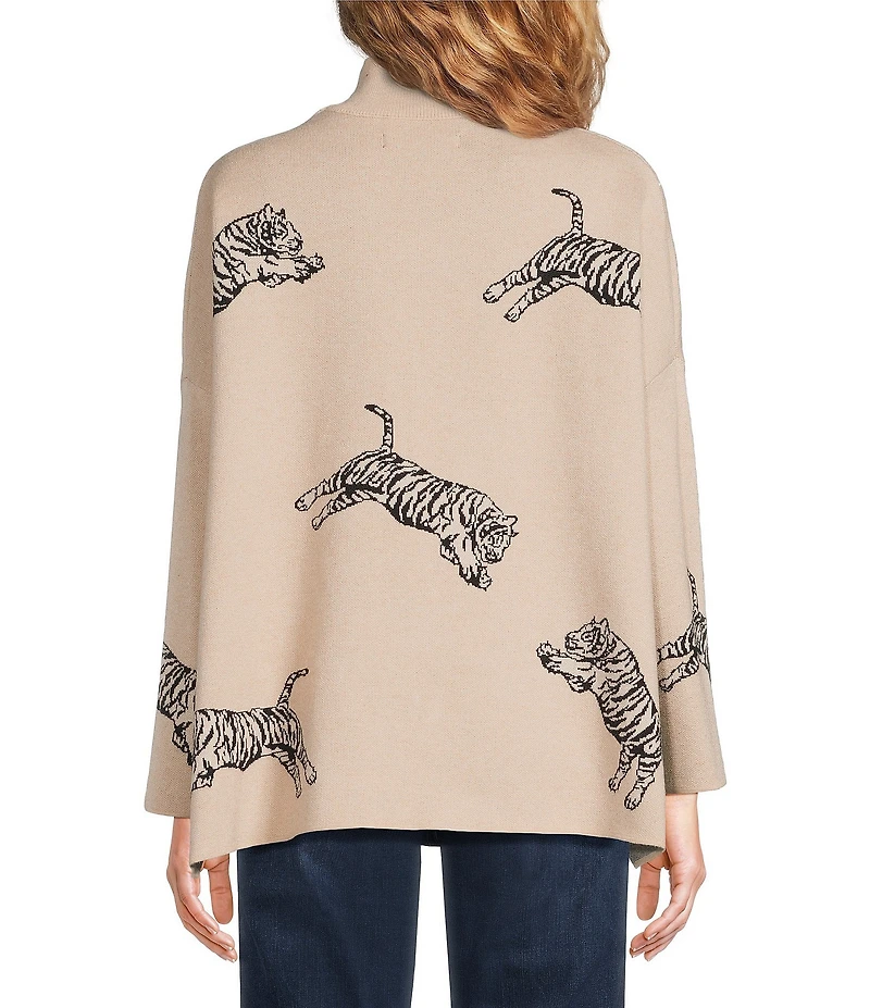 Ali Miles Tiger Jacquard Print Mock Neck Long Sleeve Popover Sweater