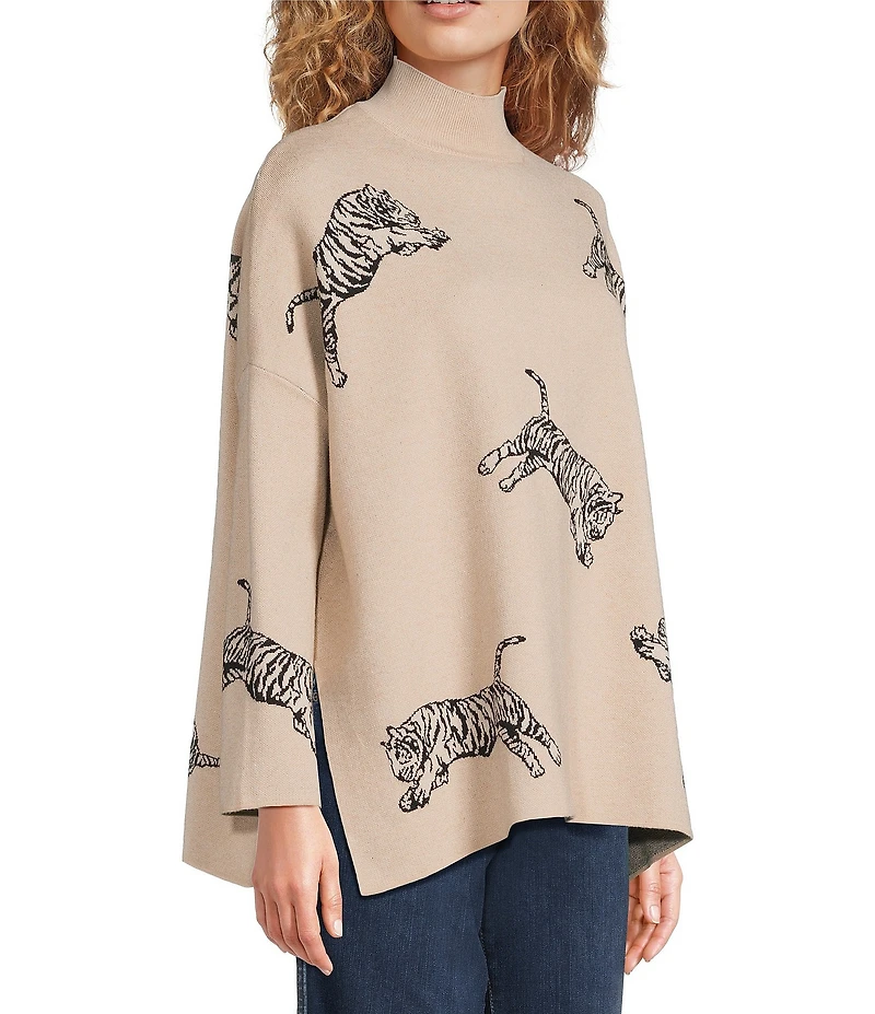 Ali Miles Tiger Jacquard Print Mock Neck Long Sleeve Popover Sweater