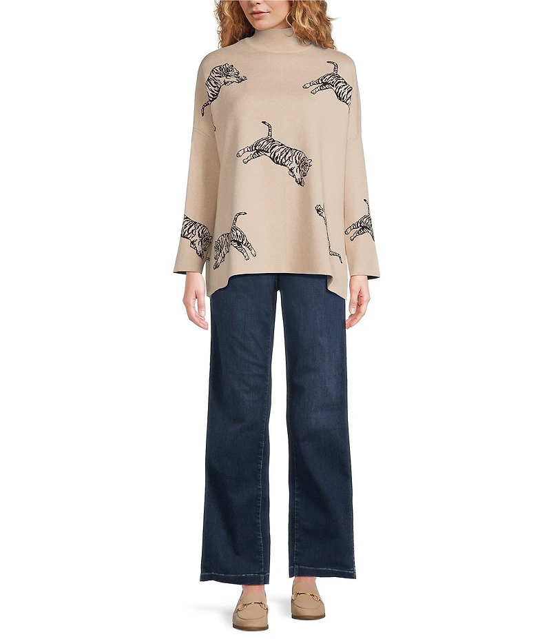 Ali Miles Tiger Jacquard Print Mock Neck Long Sleeve Popover Sweater