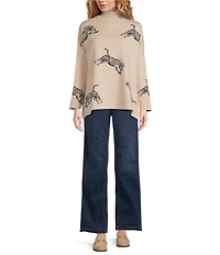 Ali Miles Tiger Jacquard Print Mock Neck Long Sleeve Popover Sweater