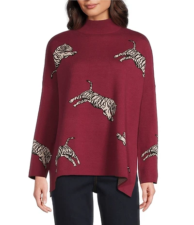 Ali Miles Tiger Jacquard Print Mock Neck Long Sleeve Popover Sweater