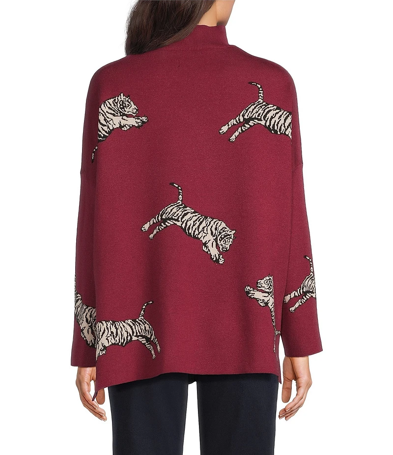 Ali Miles Tiger Jacquard Print Mock Neck Long Sleeve Popover Sweater