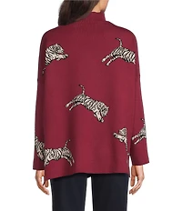 Ali Miles Tiger Jacquard Print Mock Neck Long Sleeve Popover Sweater