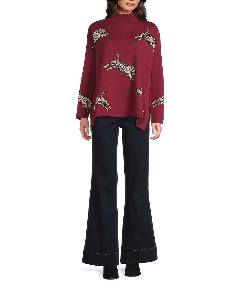 Ali Miles Tiger Jacquard Print Mock Neck Long Sleeve Popover Sweater