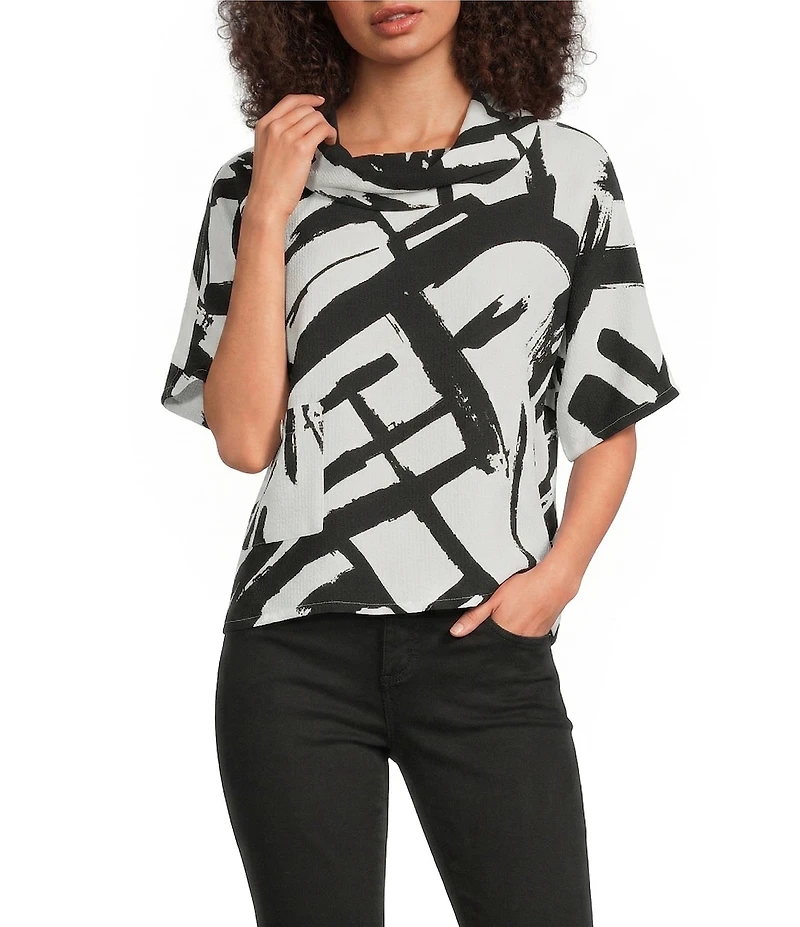 Ali Miles Woven Abstract Cowl Neck Short Dolman Sleeve Pullover Top