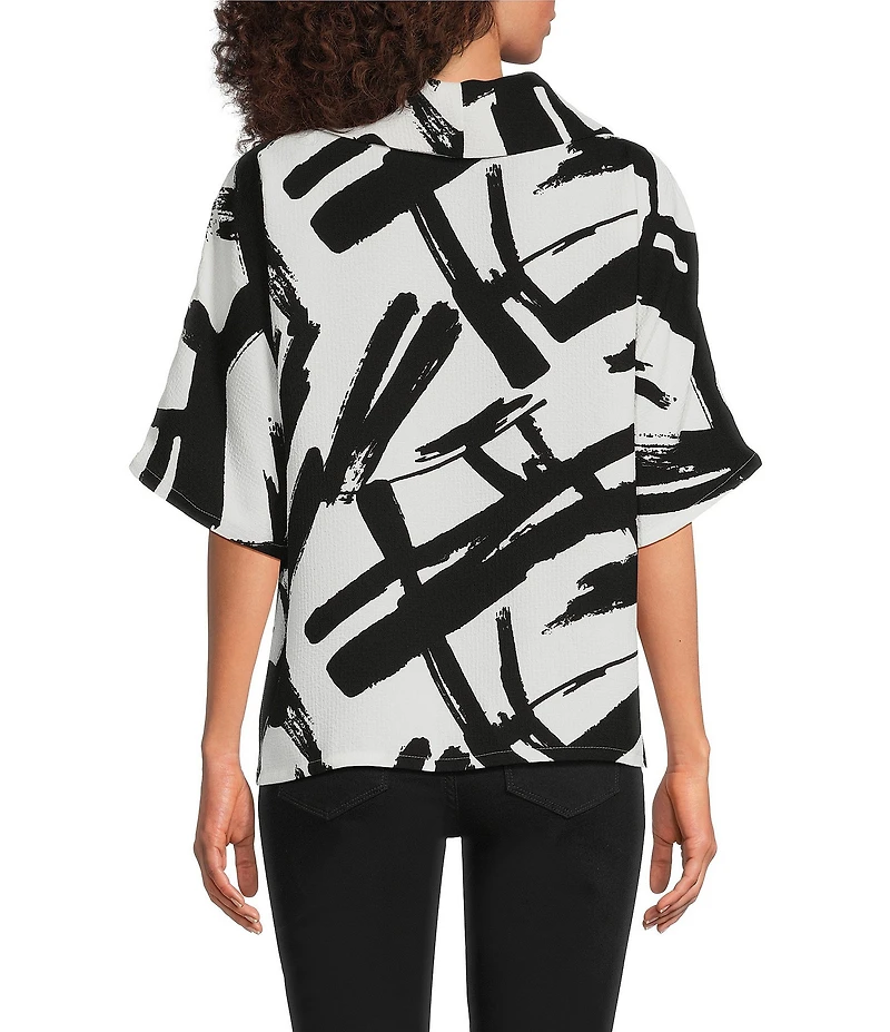 Ali Miles Woven Abstract Cowl Neck Short Dolman Sleeve Pullover Top