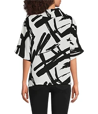 Ali Miles Woven Abstract Cowl Neck Short Dolman Sleeve Pullover Top