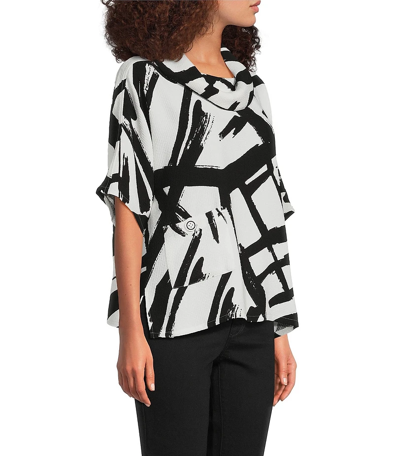 Ali Miles Woven Abstract Cowl Neck Short Dolman Sleeve Pullover Top