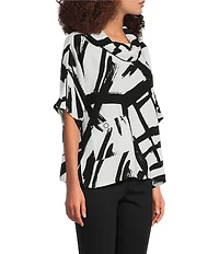 Ali Miles Woven Abstract Cowl Neck Short Dolman Sleeve Pullover Top