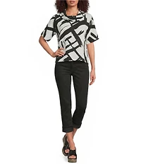 Ali Miles Woven Abstract Cowl Neck Short Dolman Sleeve Pullover Top