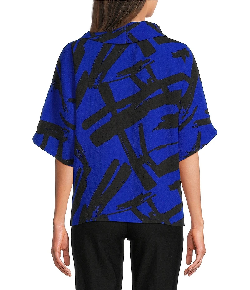 Ali Miles Woven Abstract Cowl Neck Short Dolman Sleeve Pullover Top