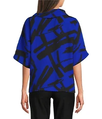 Ali Miles Woven Abstract Cowl Neck Short Dolman Sleeve Pullover Top