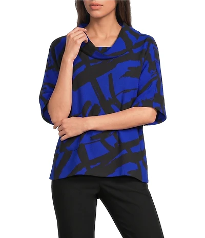 Ali Miles Woven Abstract Cowl Neck Short Dolman Sleeve Pullover Top