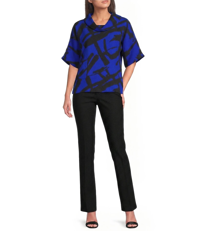 Ali Miles Woven Abstract Cowl Neck Short Dolman Sleeve Pullover Top