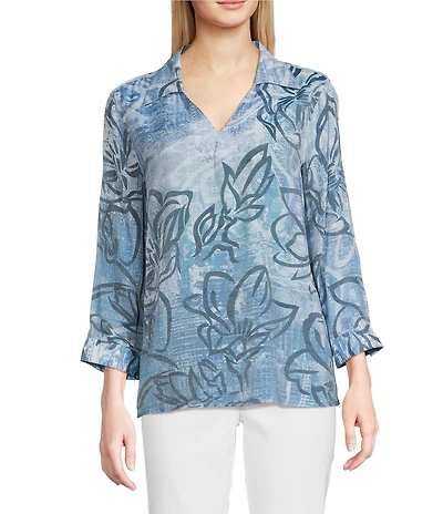 Ali Miles Woven Abstract Floral Print Point Collar 3/4 Sleeve Hi-Low Hem Tunic