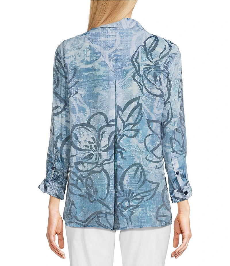 Ali Miles Woven Abstract Floral Print Point Collar 3/4 Sleeve Hi-Low Hem Tunic