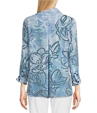 Ali Miles Woven Abstract Floral Print Point Collar 3/4 Sleeve Hi-Low Hem Tunic
