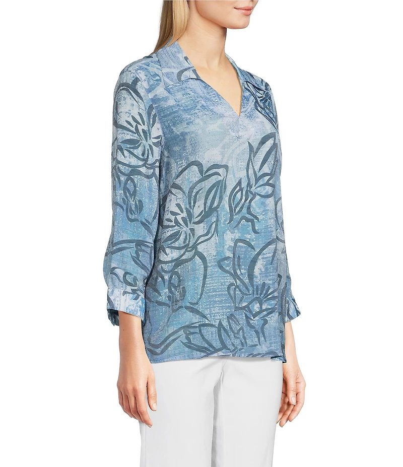 Ali Miles Woven Abstract Floral Print Point Collar 3/4 Sleeve Hi-Low Hem Tunic