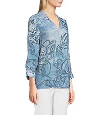 Ali Miles Woven Abstract Floral Print Point Collar 3/4 Sleeve Hi-Low Hem Tunic