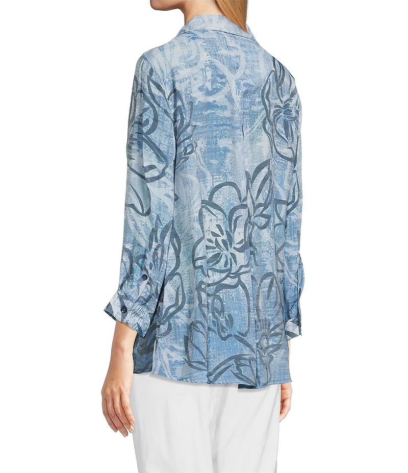 Ali Miles Woven Abstract Floral Print Point Collar 3/4 Sleeve Hi-Low Hem Tunic