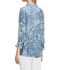 Ali Miles Woven Abstract Floral Print Point Collar 3/4 Sleeve Hi-Low Hem Tunic