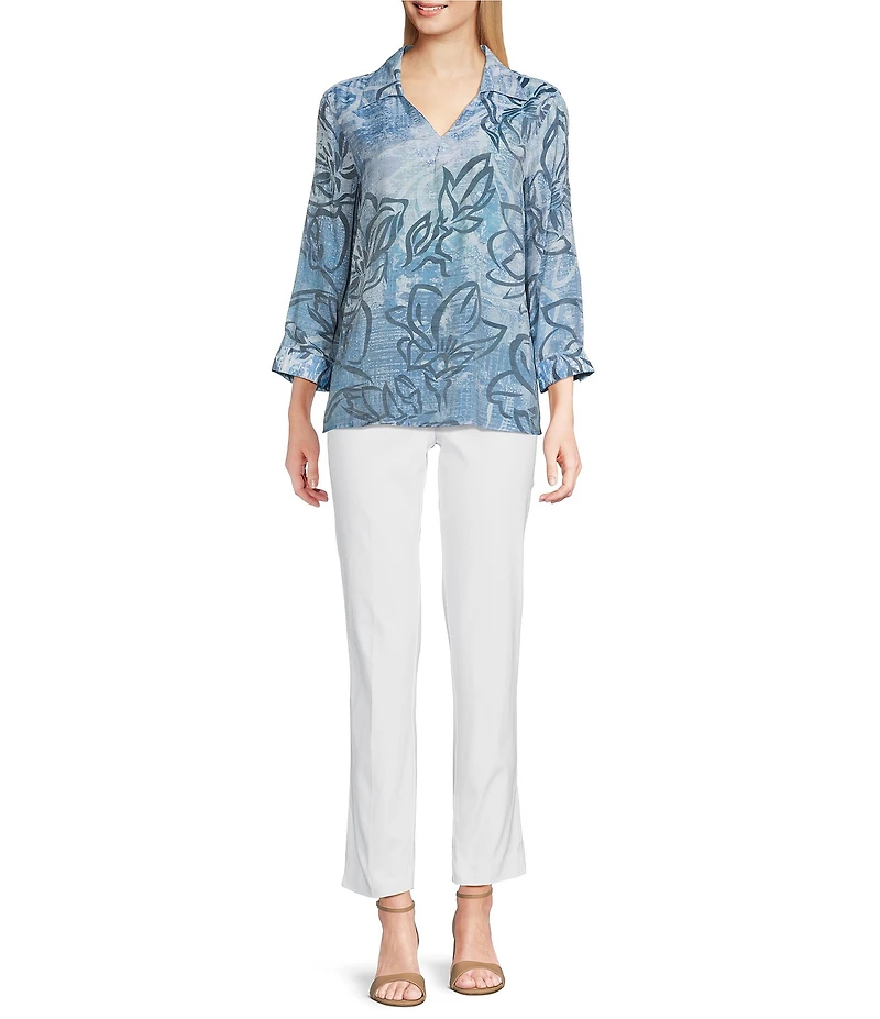 Ali Miles Woven Abstract Floral Print Point Collar 3/4 Sleeve Hi-Low Hem Tunic