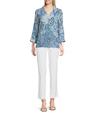 Ali Miles Woven Abstract Floral Print Point Collar 3/4 Sleeve Hi-Low Hem Tunic