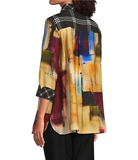 Ali Miles Woven Abstract Multi Checked Stand Collar 3/4 Cuffed Sleeve Button Front Tunic