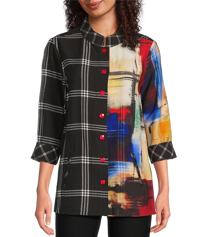 Ali Miles Woven Abstract Multi Checked Stand Collar 3/4 Cuffed Sleeve Button Front Tunic