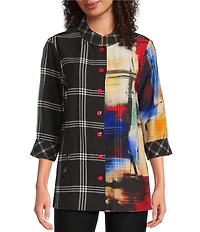 Ali Miles Woven Abstract Multi Checked Stand Collar 3/4 Cuffed Sleeve Button Front Tunic