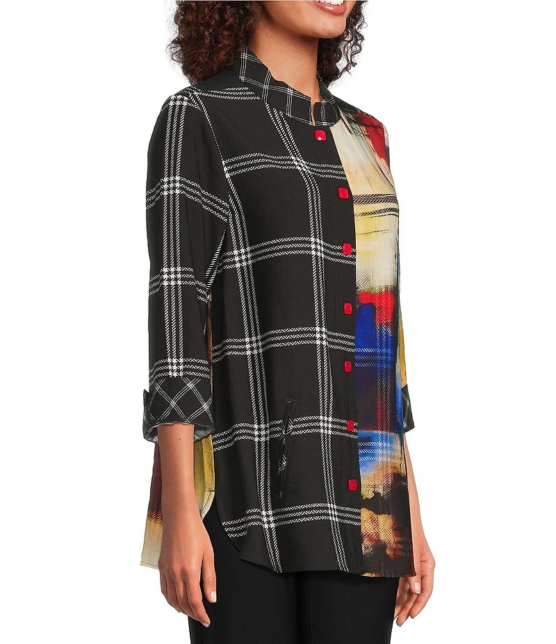 Ali Miles Woven Abstract Multi Checked Stand Collar 3/4 Cuffed Sleeve Button Front Tunic