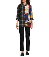 Ali Miles Woven Abstract Multi Checked Stand Collar 3/4 Cuffed Sleeve Button Front Tunic