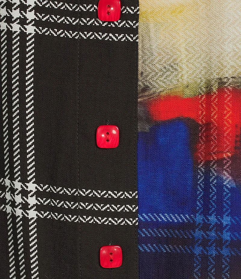 Ali Miles Woven Abstract Multi Checked Stand Collar 3/4 Cuffed Sleeve Button Front Tunic