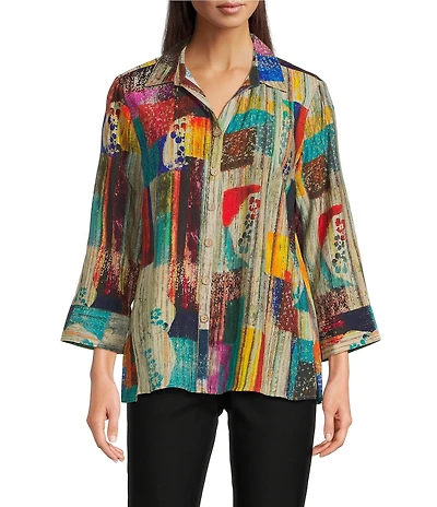 Ali Miles Woven Abstract Multi Print Point Collar 3/4 Cuff Sleeve Button Front Tunic