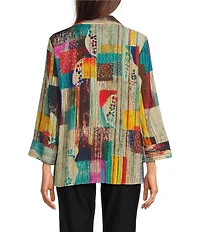 Ali Miles Woven Abstract Multi Print Point Collar 3/4 Cuff Sleeve Button Front Tunic