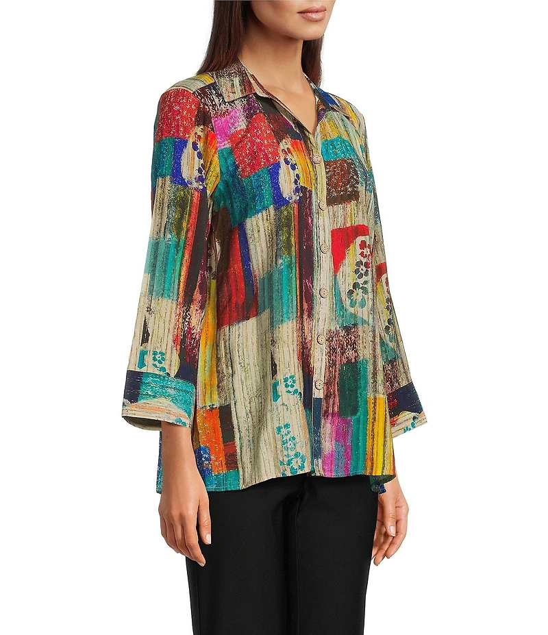 Ali Miles Woven Abstract Multi Print Point Collar 3/4 Cuff Sleeve Button Front Tunic