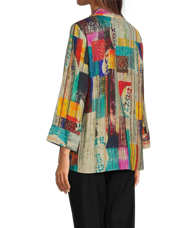Ali Miles Woven Abstract Multi Print Point Collar 3/4 Cuff Sleeve Button Front Tunic