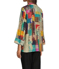 Ali Miles Woven Abstract Multi Print Point Collar 3/4 Cuff Sleeve Button Front Tunic