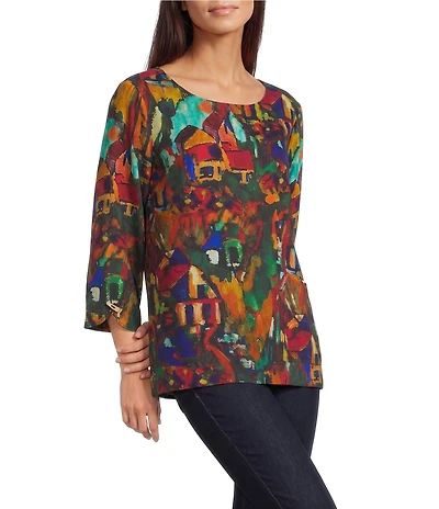 Ali Miles Woven Abstract Multi Print Round Neck 3/4 Sleeve Pullover Top